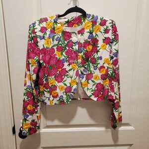 Vintage Lombardi Inc Blazer Jacket Waist Bright Floral USA Made SZ 8 Crop